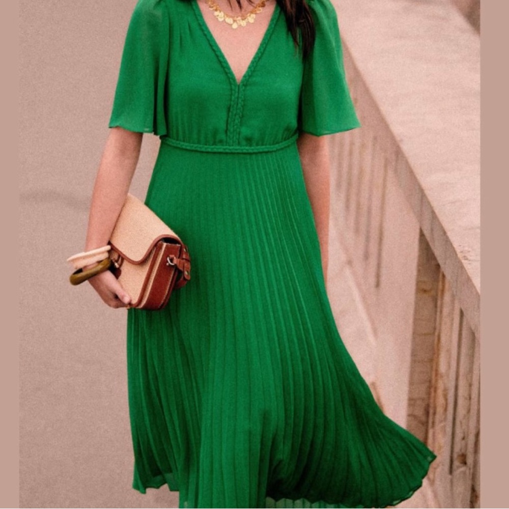 Sezane Florencia Dress US 10/FR 42 Green Braided Trim V-Neck Dress